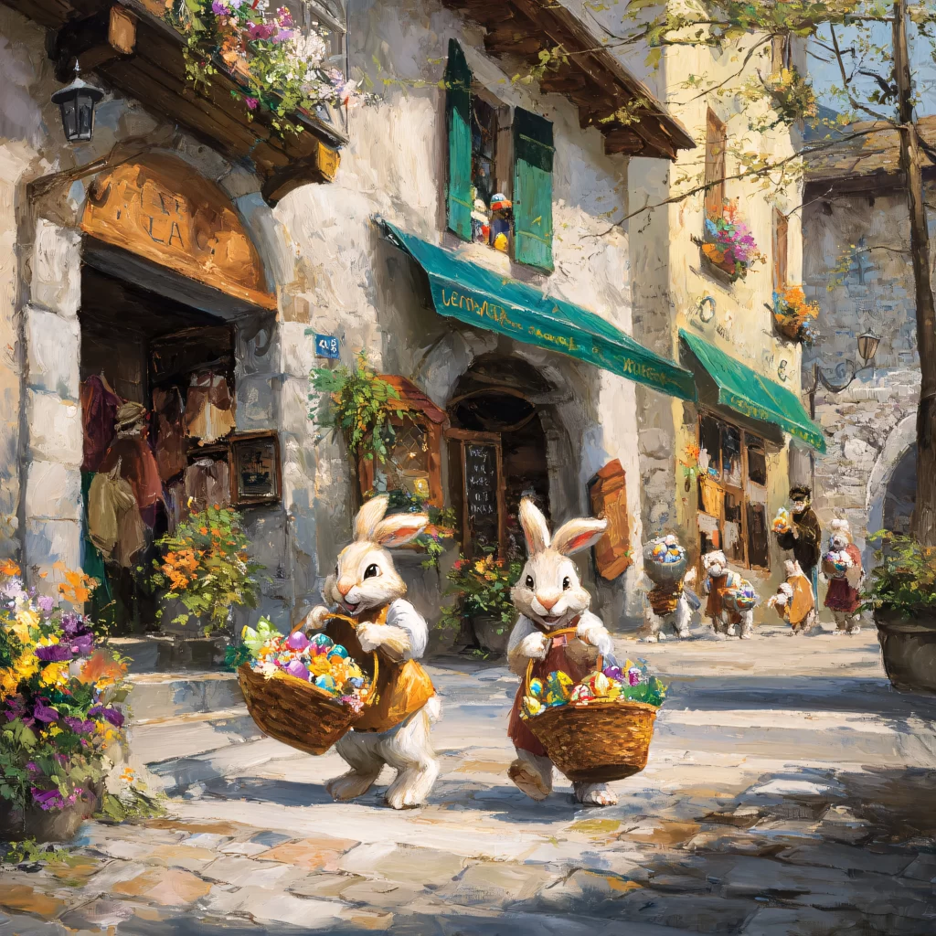 Easter Rabbit Basket Flowers Village