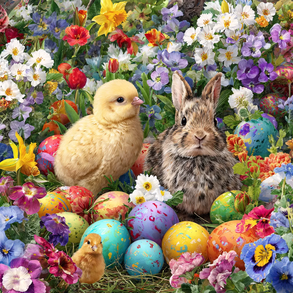Easter Rabbits Eggs Flowers Pastel 340
