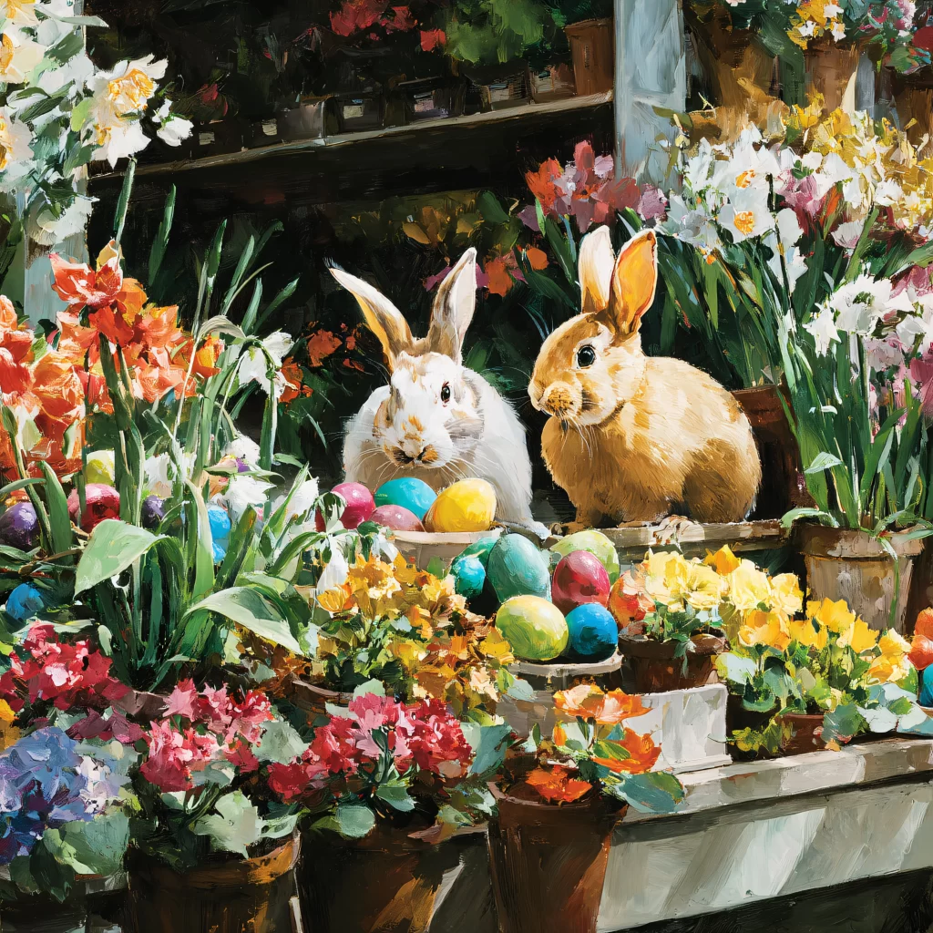 Easter Rabbits Eggs Flowers Bright 342