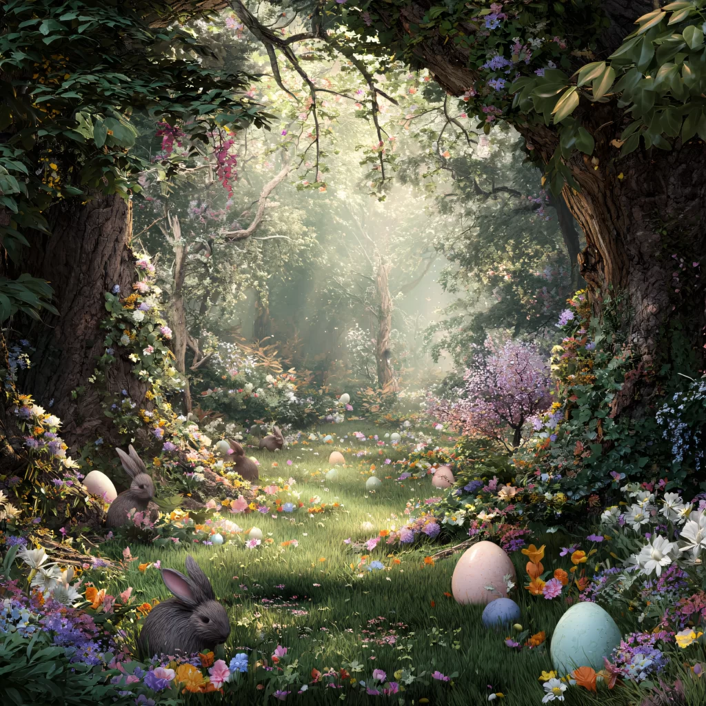Easter Rabbit Eggs Flowers Forest