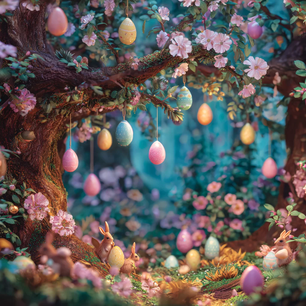 Easter Rabbits Eggs Flowers Pastel 349