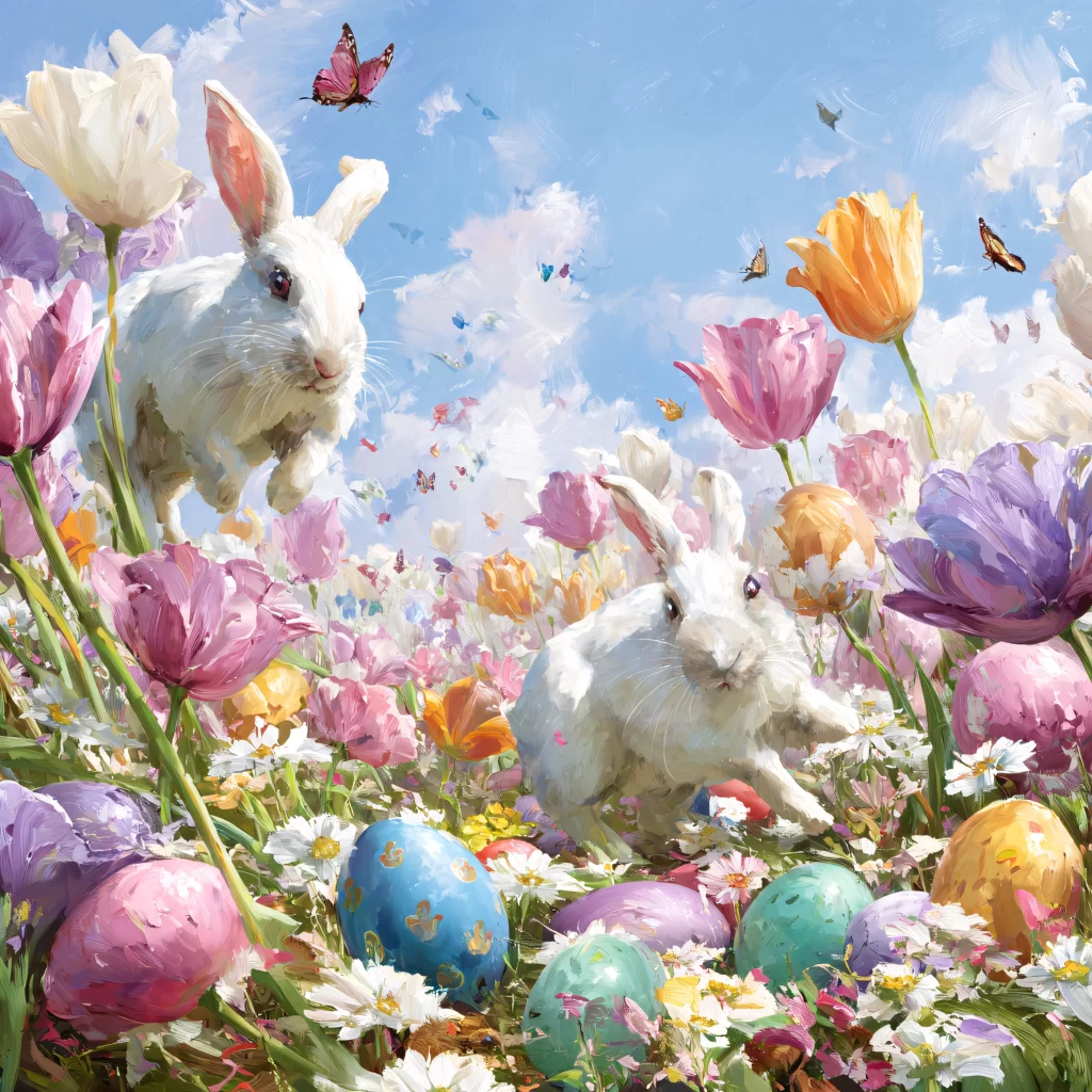 Easter Rabbit Tulips Daisies Garden