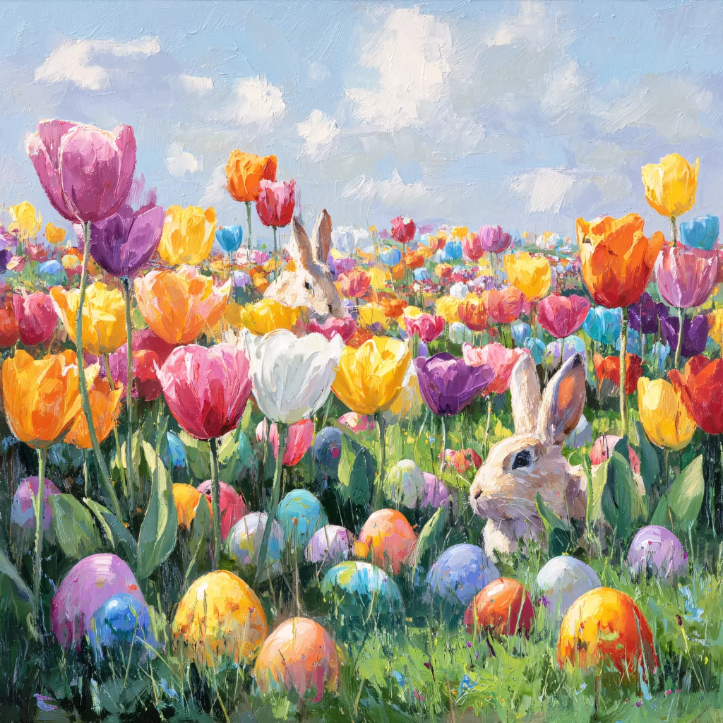 Easter Rabbits Eggs Flowers Tulips 356