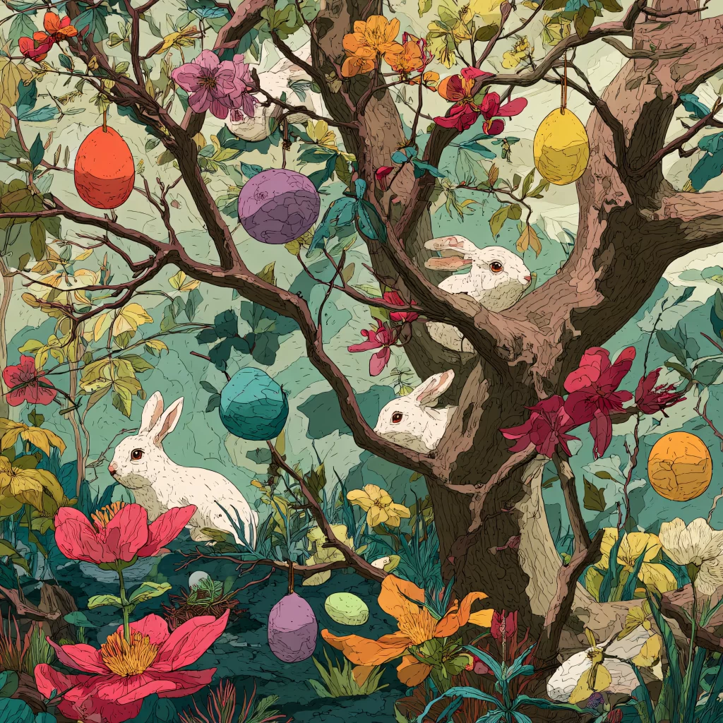 Easter Rabbit Eggs Pink Flowers Garden