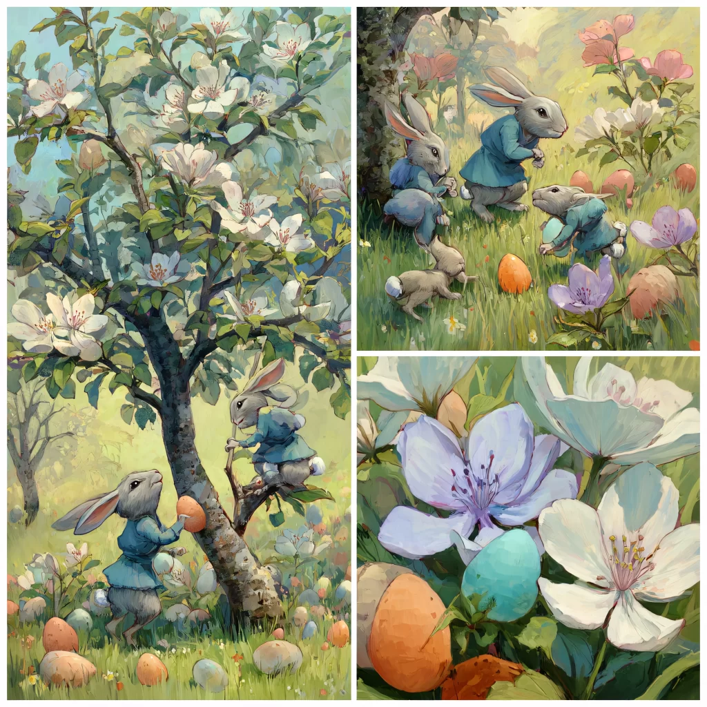 Easter Rabbits Eggs Flowers Pastel 361