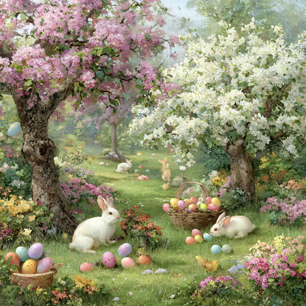 Easter Rabbits Eggs Flowers Pink 362