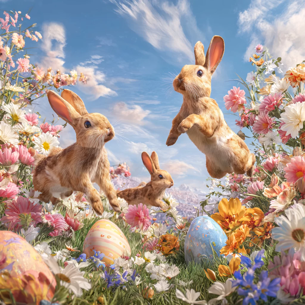Easter Rabbit Flowers Garden Blue Eggs