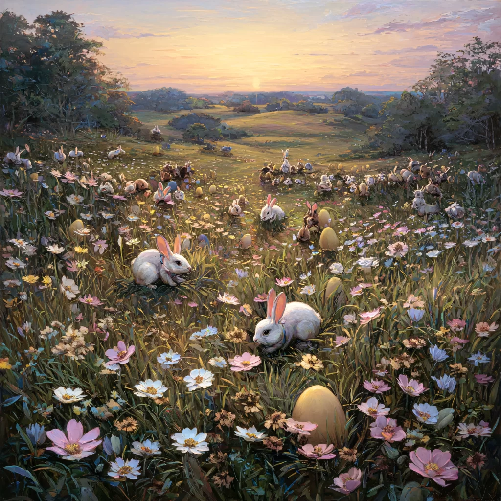 Easter Rabbit Flowers Sunset Meadow