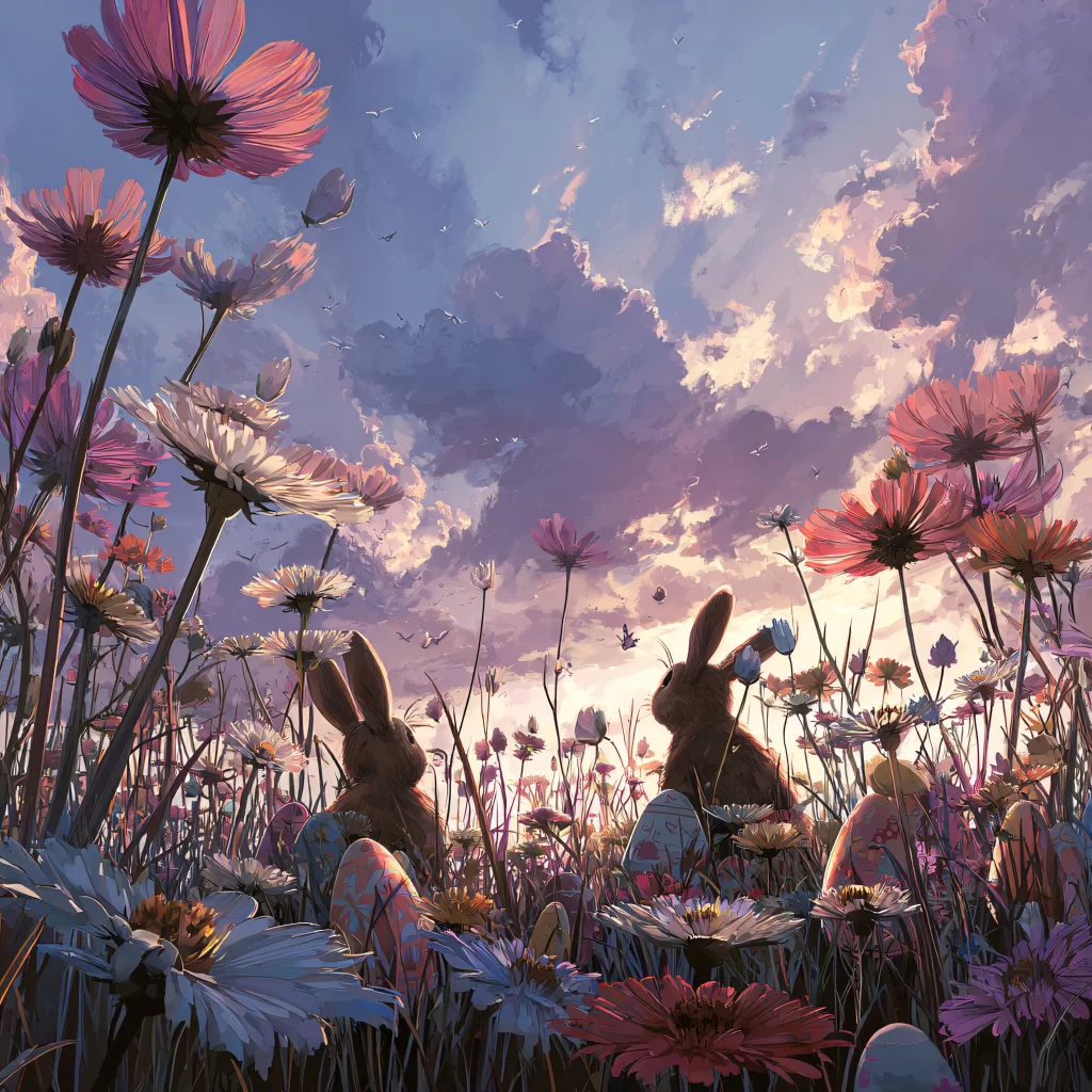 Easter Rabbit Pink Flowers Garden