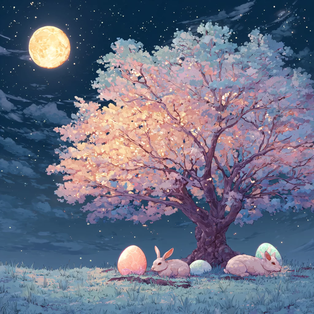 Easter Rabbit Eggs Pink Tree Night