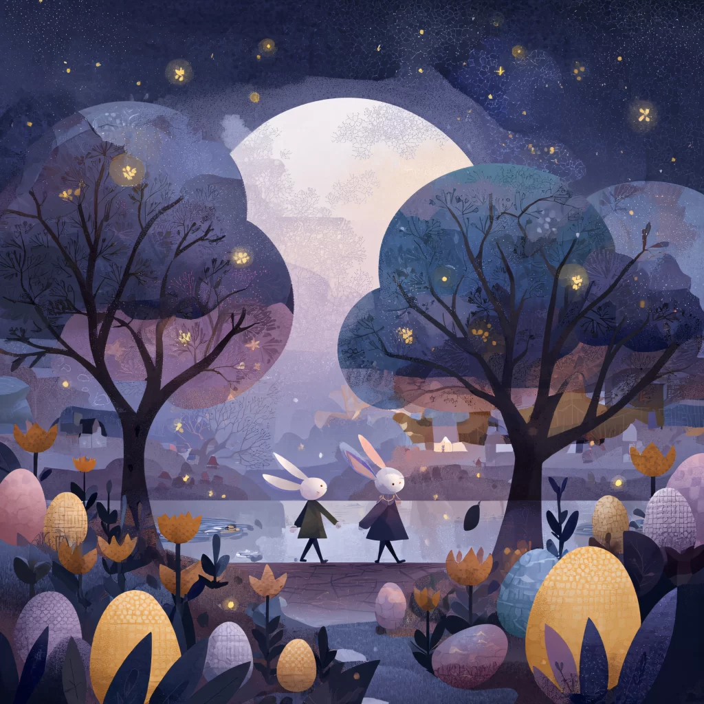 Easter Rabbit Night Tulips Moon