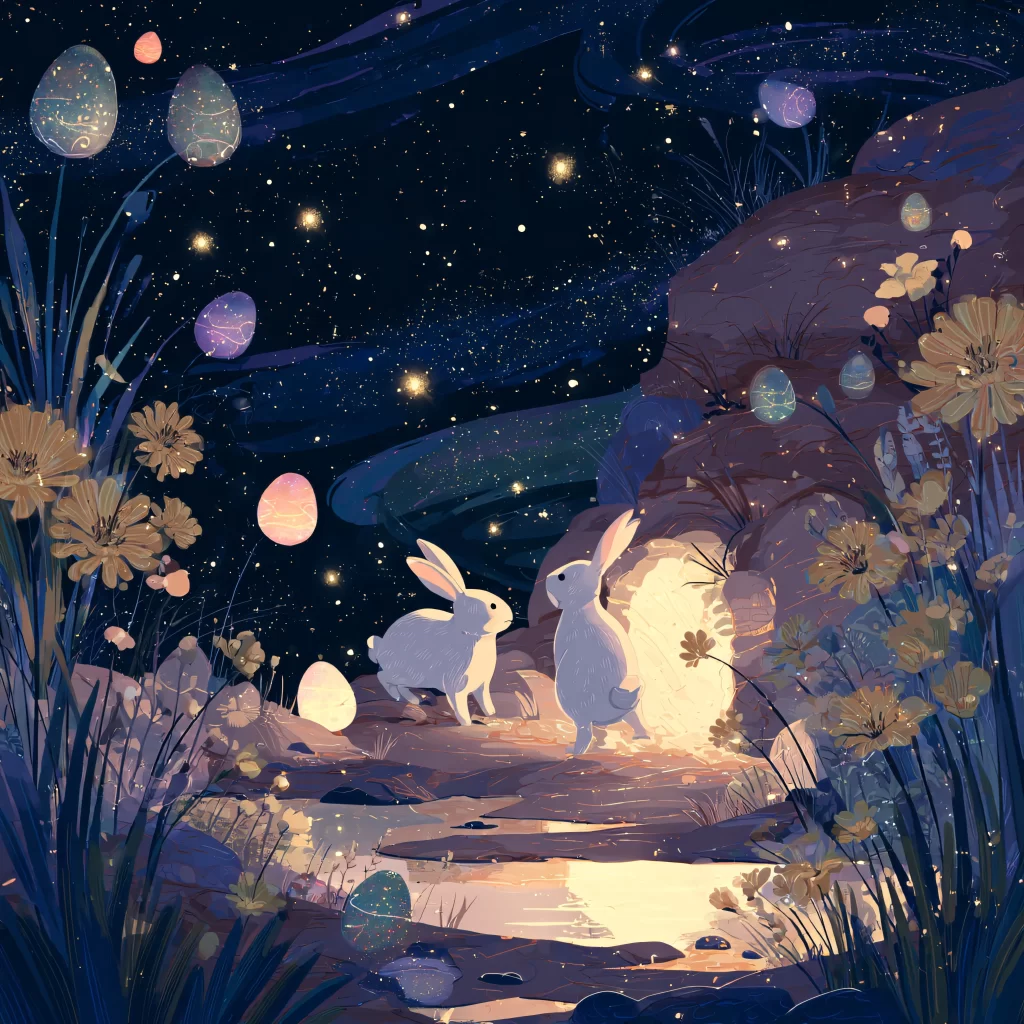 Easter Rabbit Eggs Night Flowers