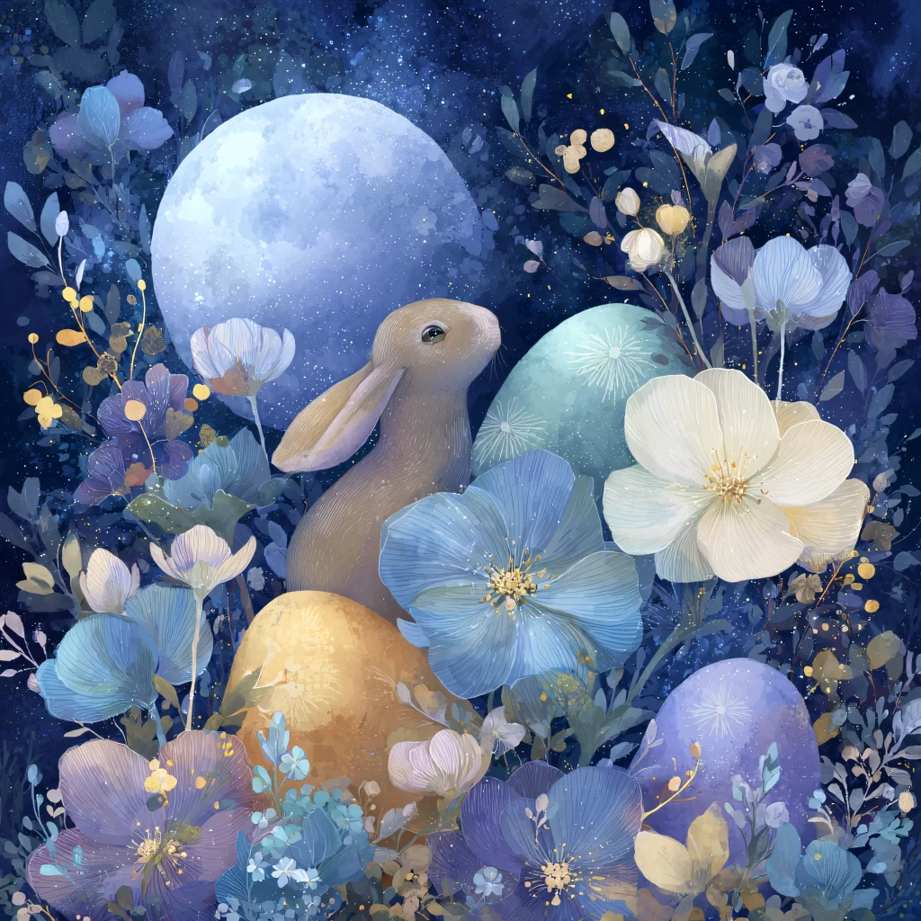 Easter Rabbit Eggs Blue Flowers Night
