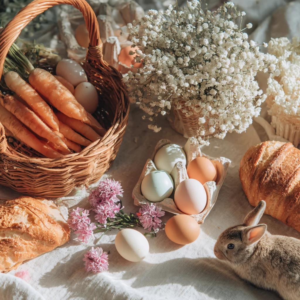 Easter Rabbit Carrots Eggs White Flowers