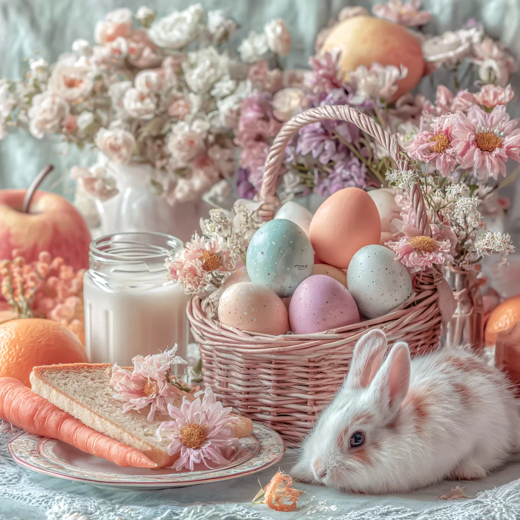 Easter Rabbit Eggs Flowers Basket
