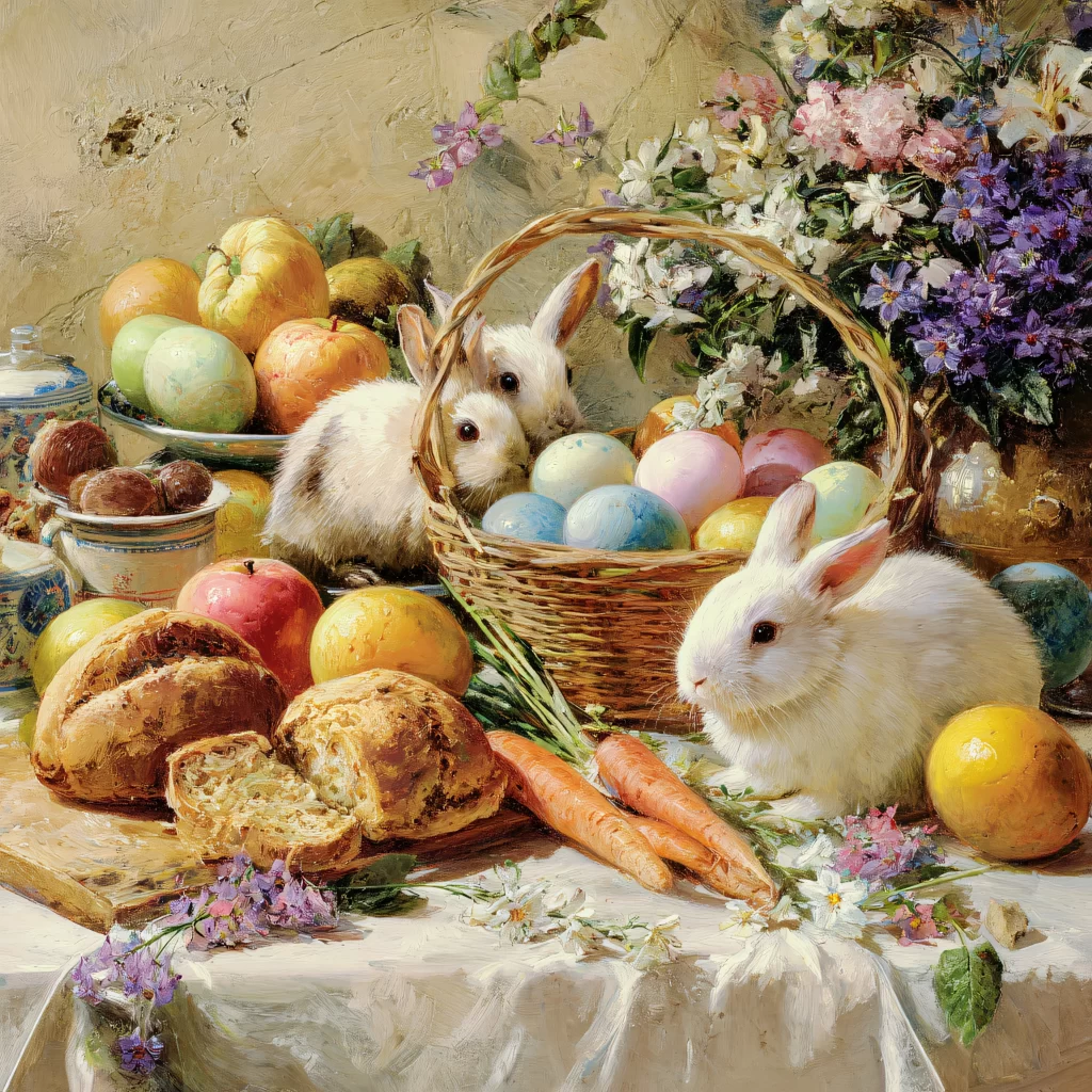 Easter Rabbit Eggs Basket Carrots Flowers
