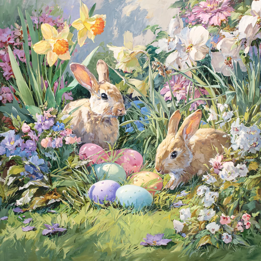 Easter Rabbit Eggs Flowers Garden