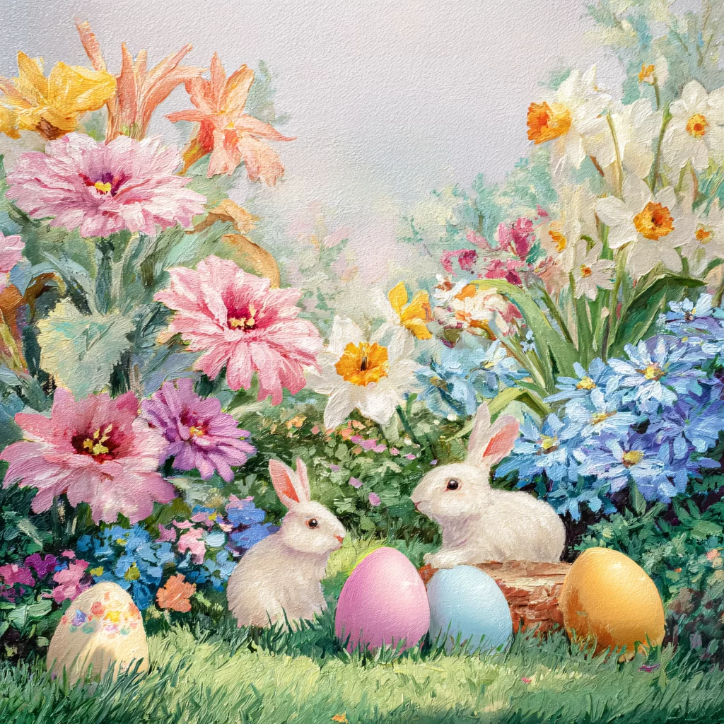 Easter Rabbit Eggs Pink Blue Garden