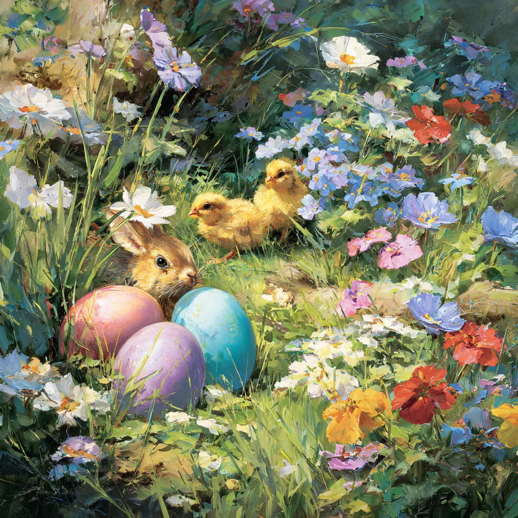 Easter Rabbit Chick Eggs Flowers Garden