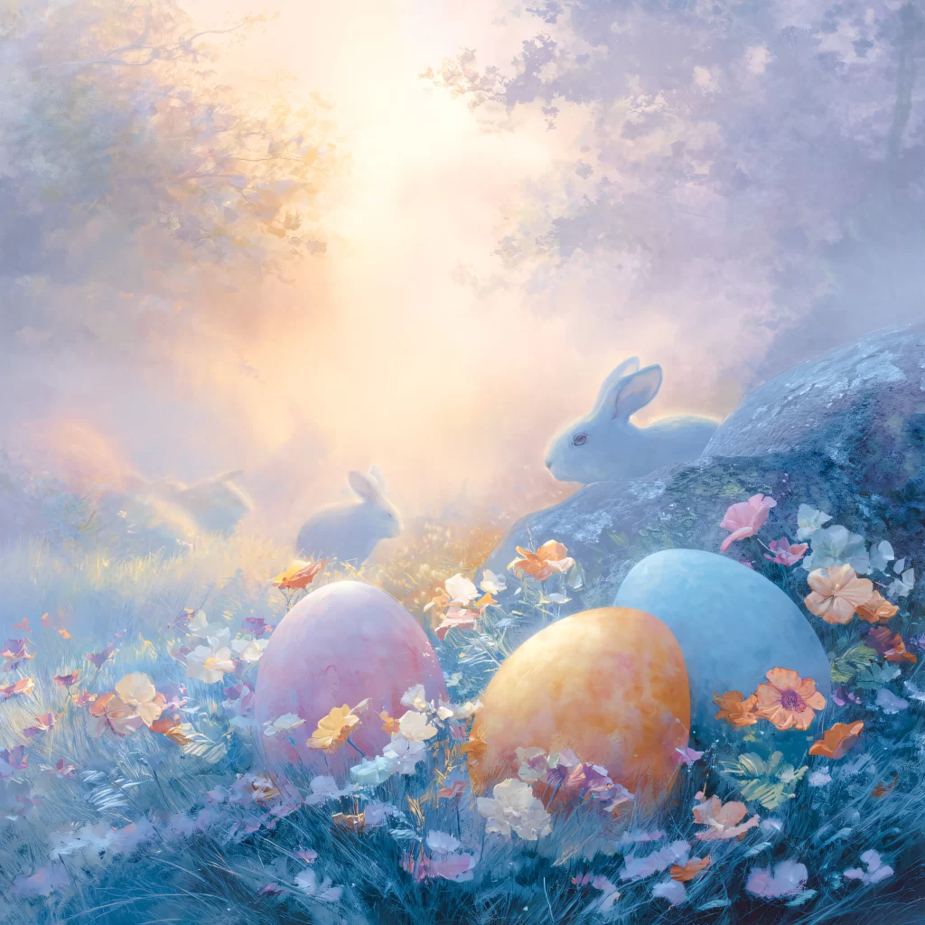 Easter Rabbit Eggs Flowers Garden