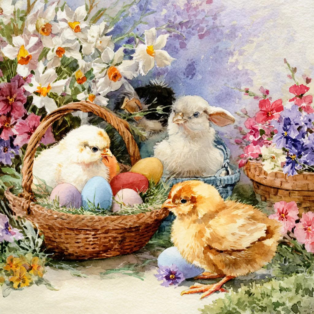 Easter Rabbit Chick Eggs Flowers Garden