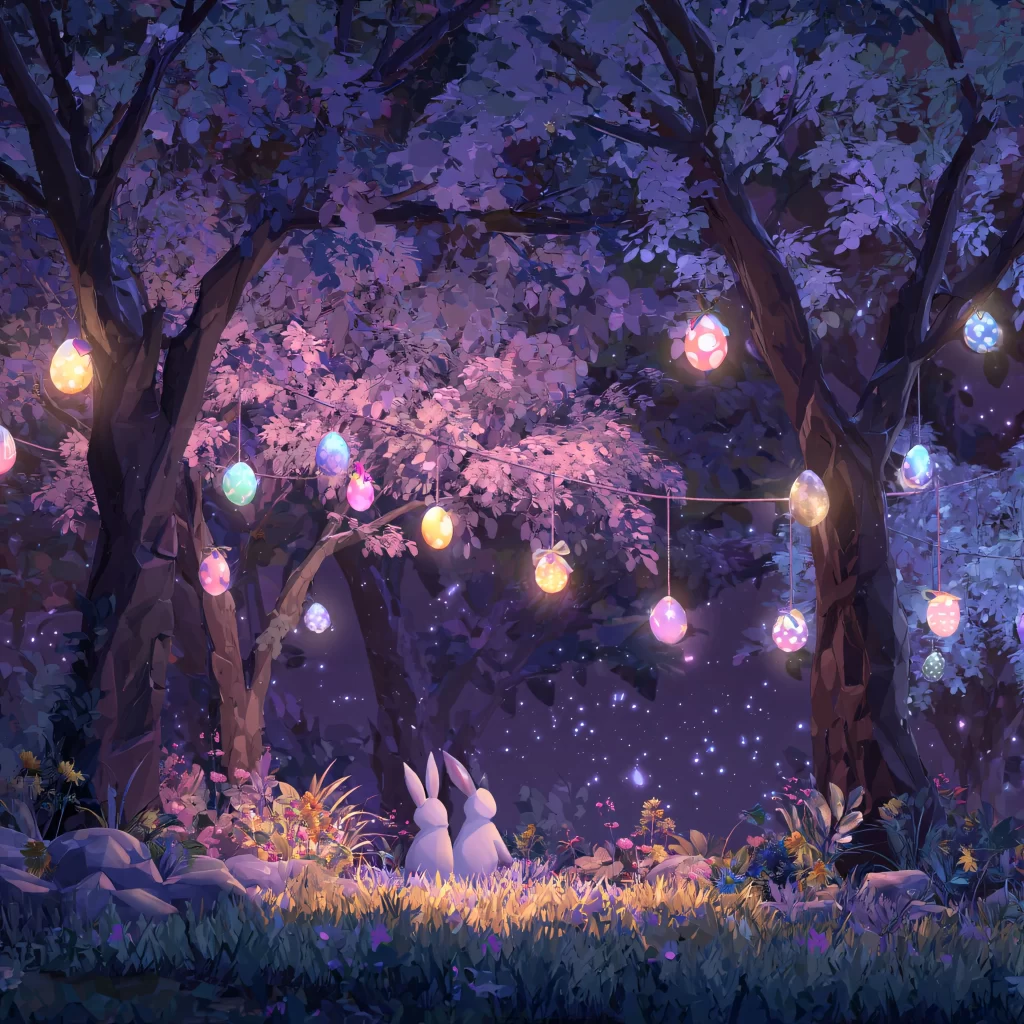 Easter Rabbit Eggs Lanterns Purple Forest