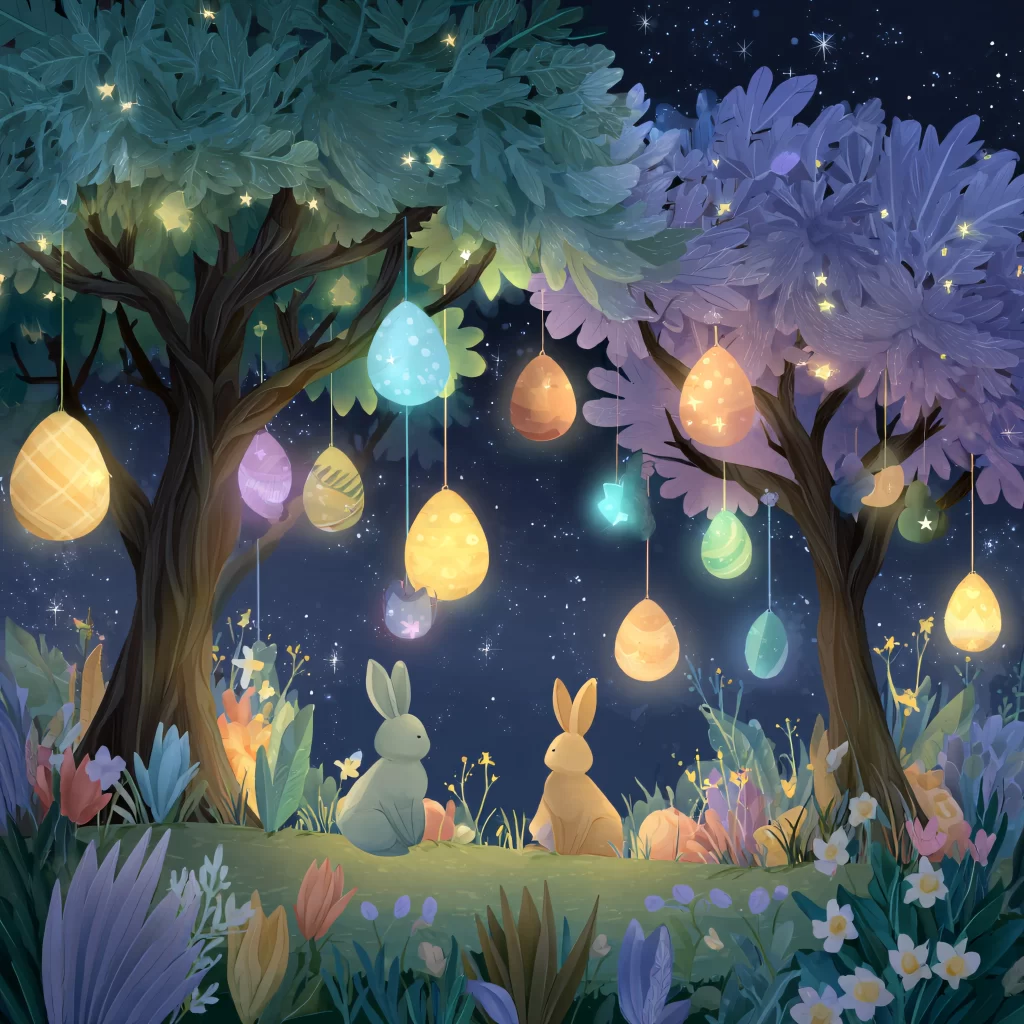 Easter Rabbit Eggs Lanterns Night Garden