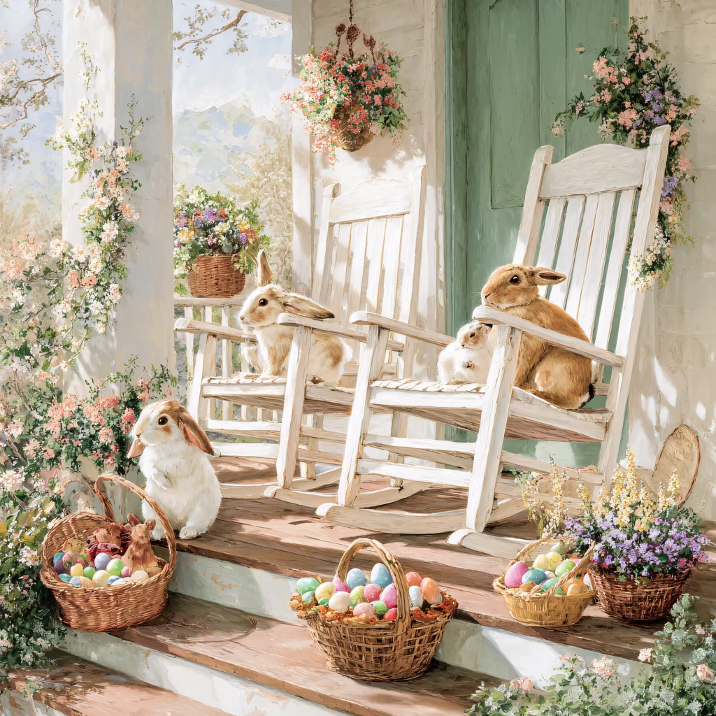 Easter Rabbit Eggs Flowers Porch