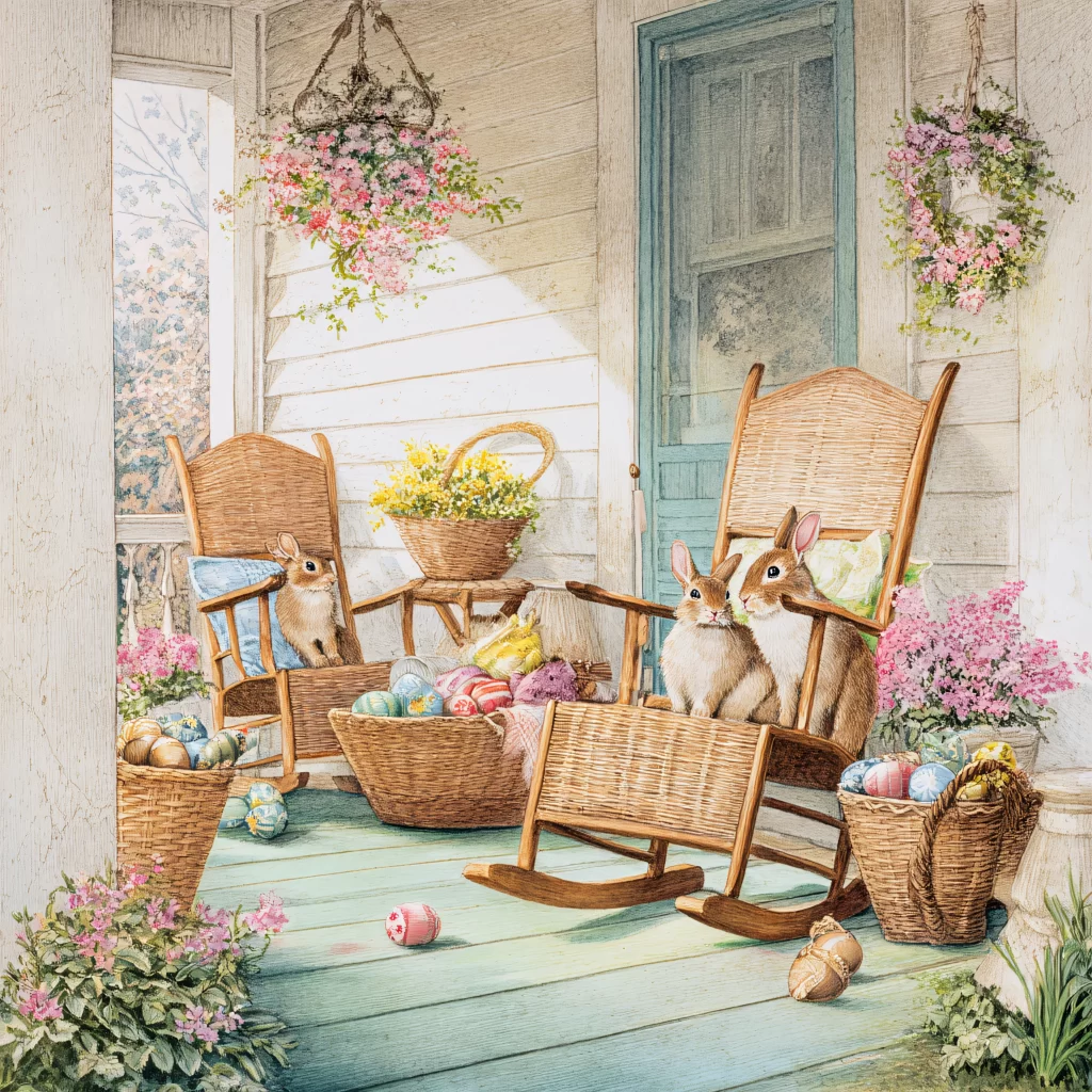 Easter Rabbit Eggs Pink Flowers Porch