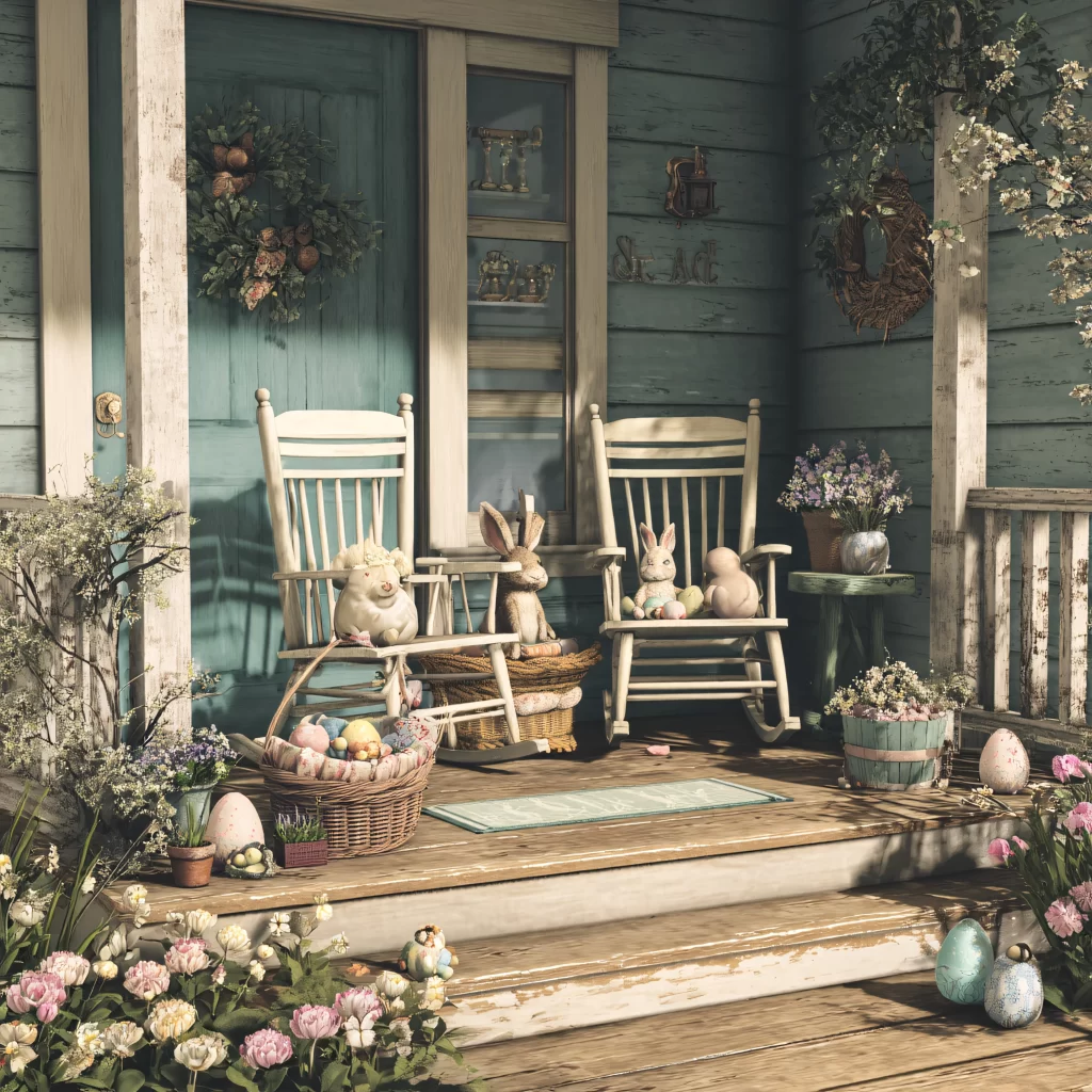Easter Rabbit Eggs Flowers Porch