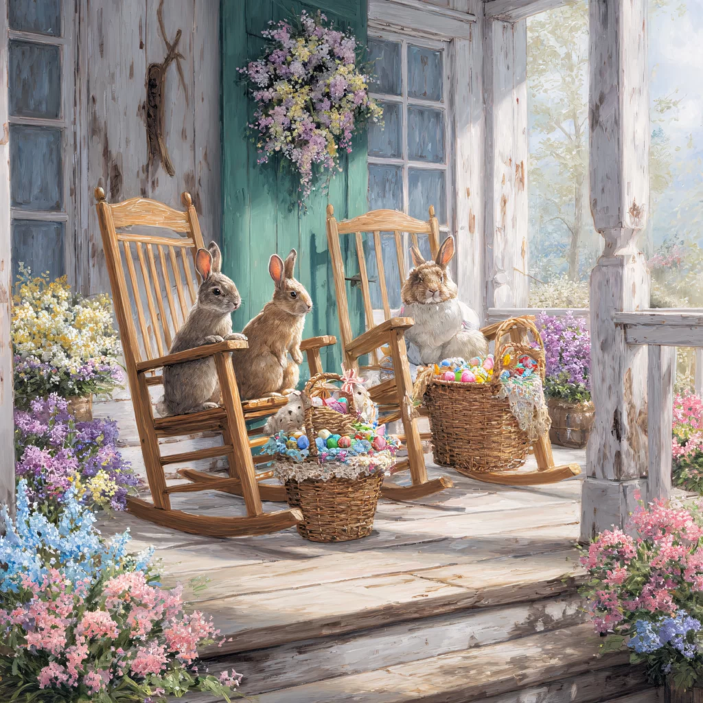 Easter Rabbit Basket Flowers Porch
