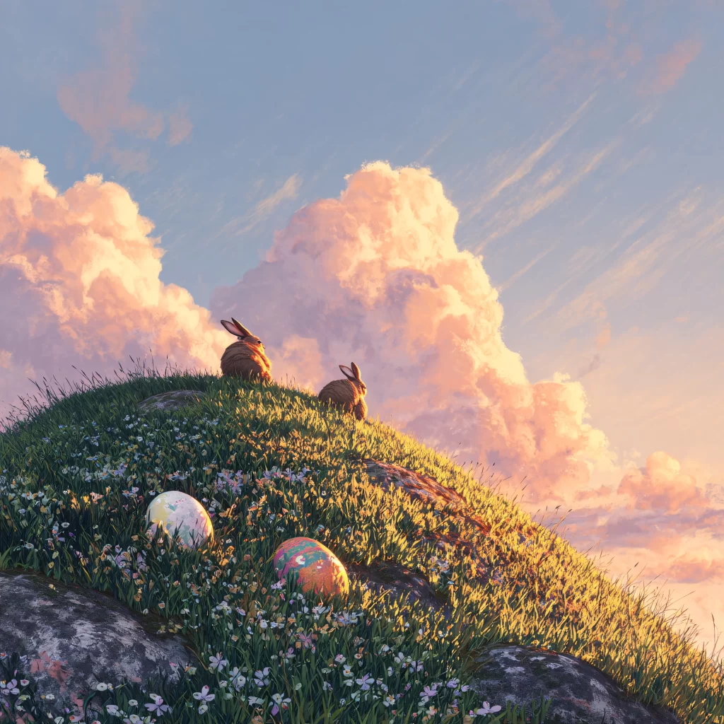 Easter Rabbit Eggs Pink Flowers Sunset