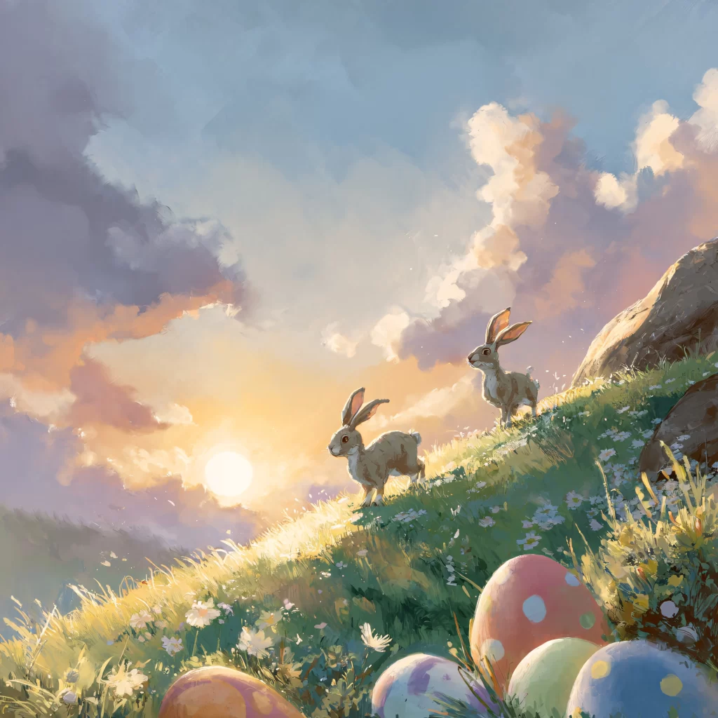 Easter Rabbit Eggs Sunset Meadow