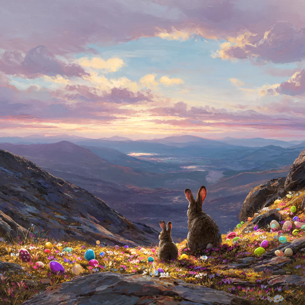 Easter Rabbit Eggs Sunset Mountain
