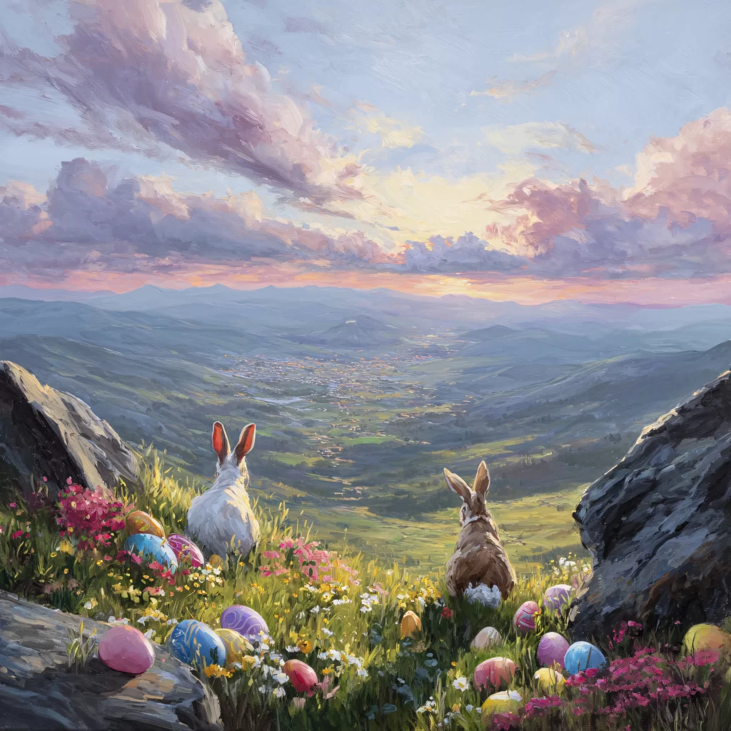 Easter Rabbit Eggs Flowers Sunset