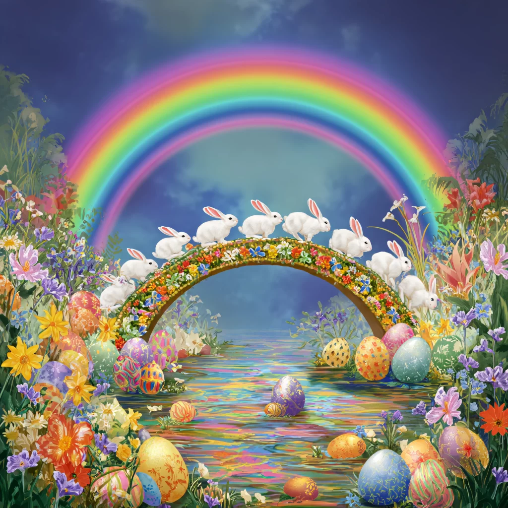 Easter Rabbits Eggs Flowers Rainbow 473