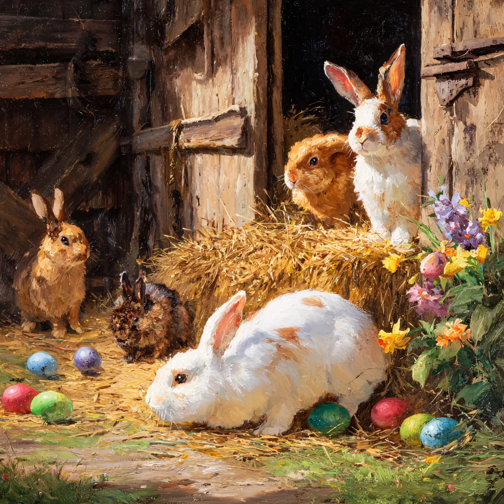 Easter Rabbit Eggs Hay Flowers Garden