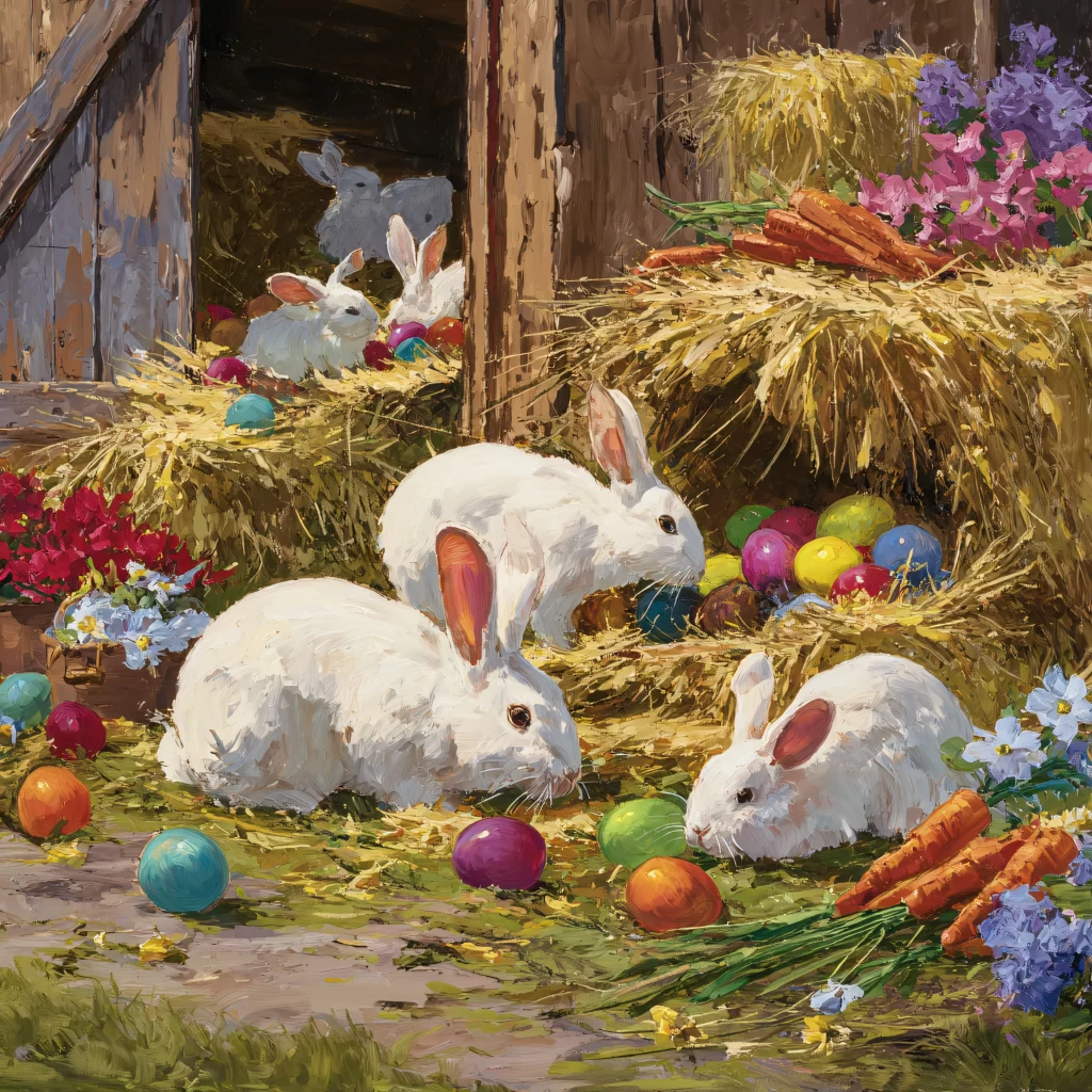 Easter Rabbit Eggs Carrots Hay Flowers