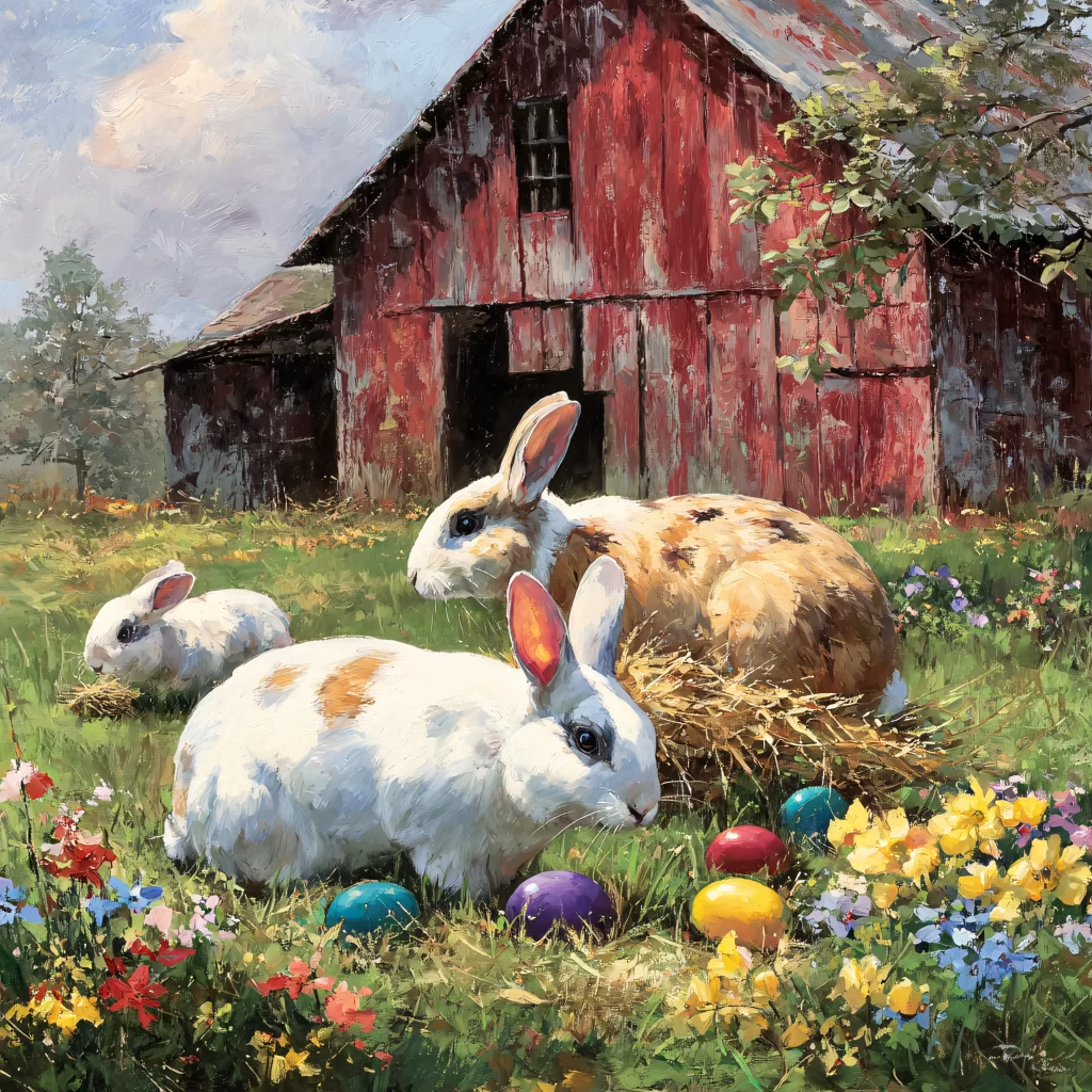 Easter Rabbit Eggs Hay Flowers Barn