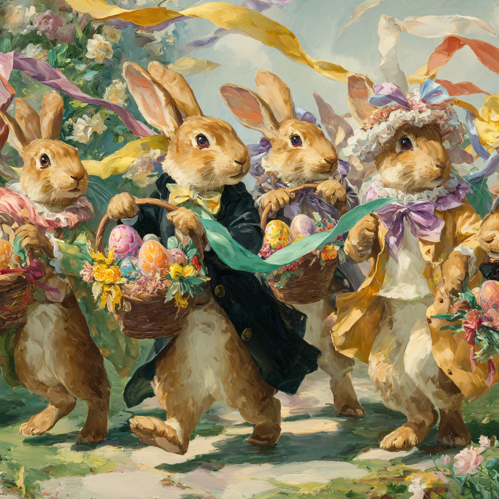 Easter Rabbit Eggs Basket Flowers Garden