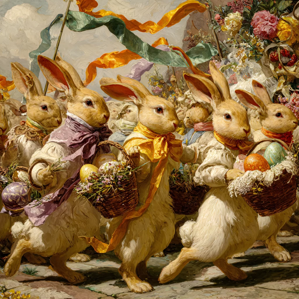 Easter Rabbit Eggs Basket Flowers Garden