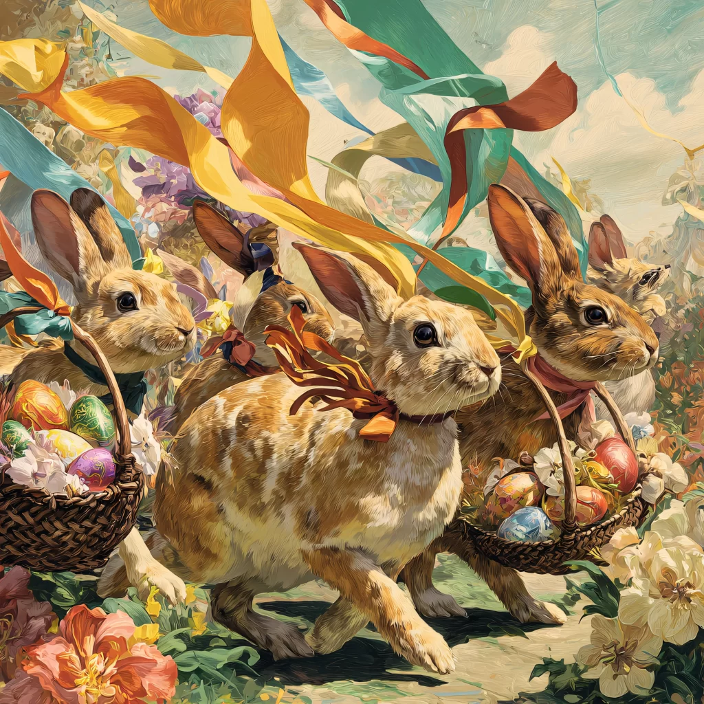 Easter Rabbit Eggs Basket Flowers Garden