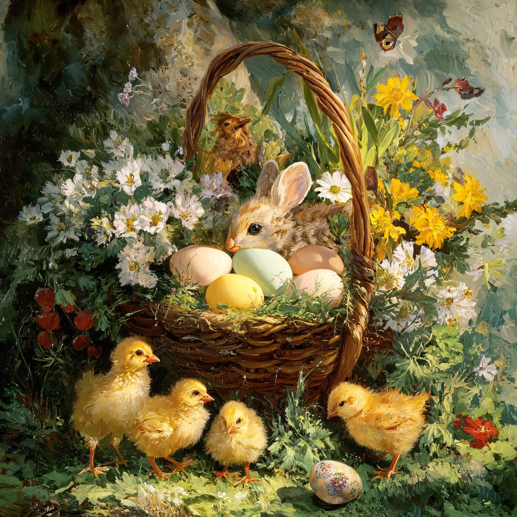 Easter Rabbit Eggs Yellow Flowers Garden