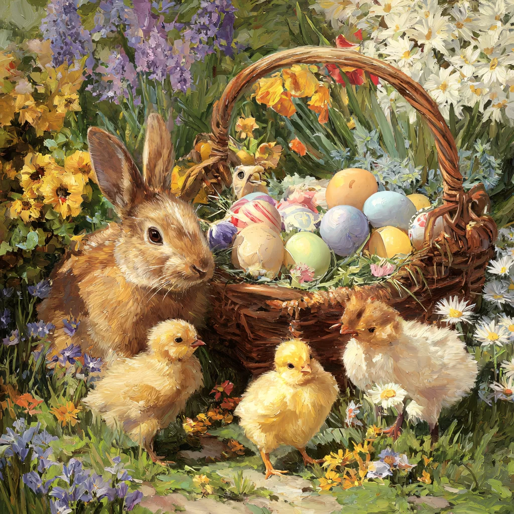 Easter Rabbit Chicks Eggs Garden Flowers