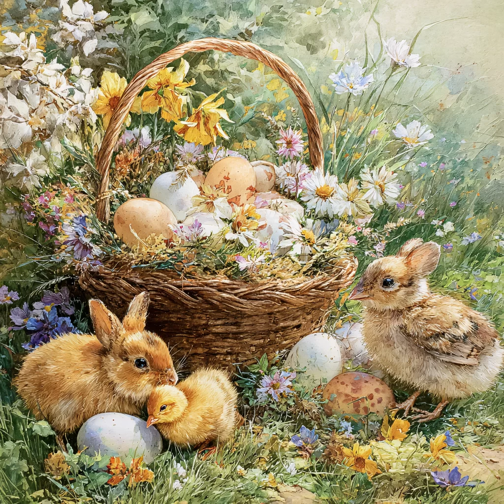 Easter Rabbit Chick Eggs Flowers Garden