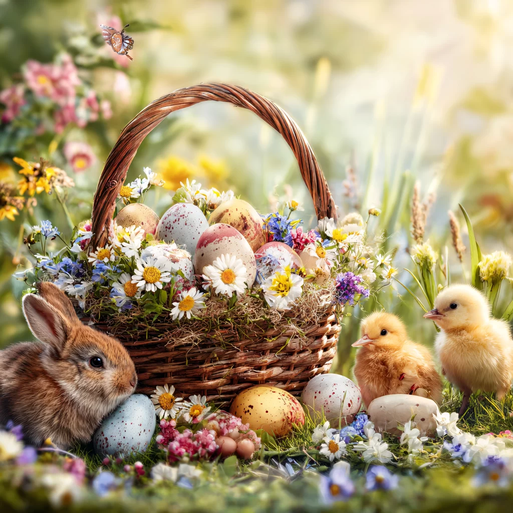 Easter Rabbit Chicks Eggs Daisies Garden