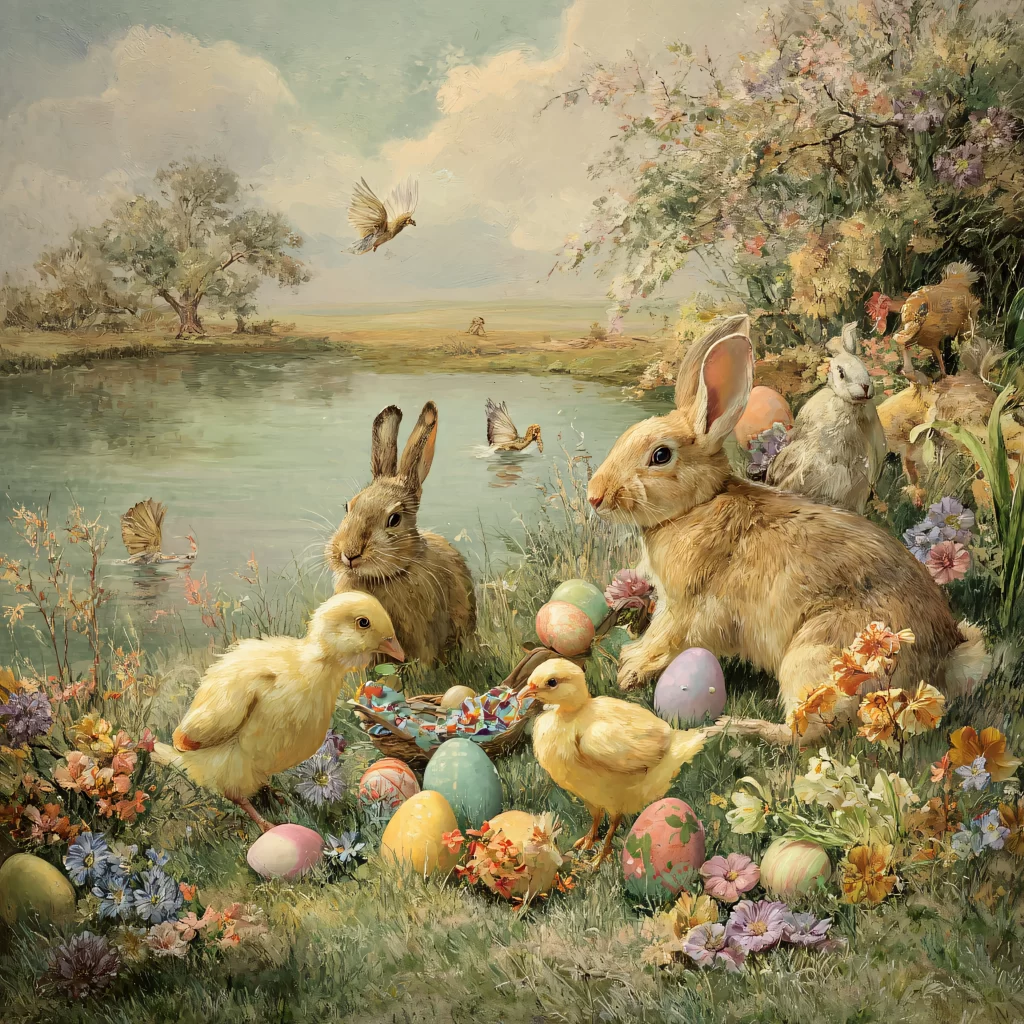 Easter Rabbit Chicks Eggs Flowers Garden