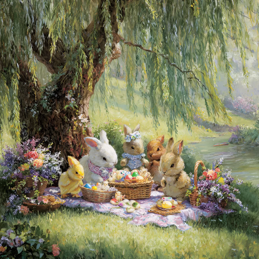 Easter Rabbit Chicks Eggs Flowers Garden