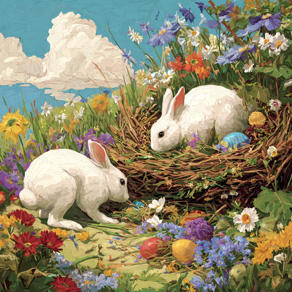 Easter Rabbit Eggs Flowers Garden