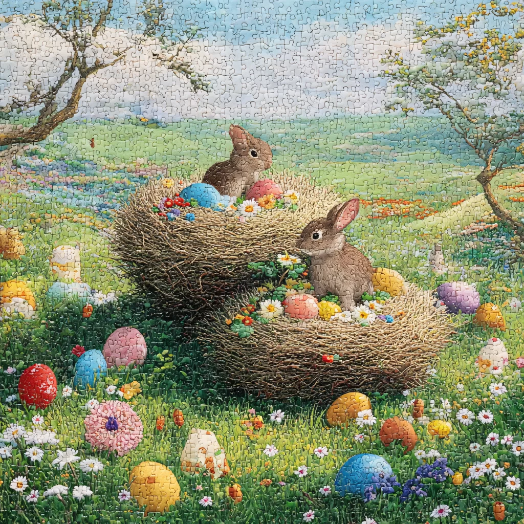 Easter Rabbit Eggs Nest Flowers Garden